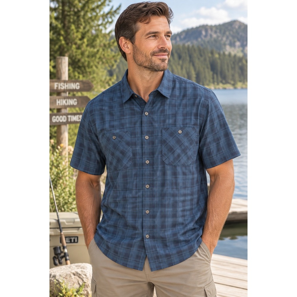 Orvis Men's L Blue Plaid Short Sleeve Shirt UPF Fishing Hiking Outdoor Gorpcore